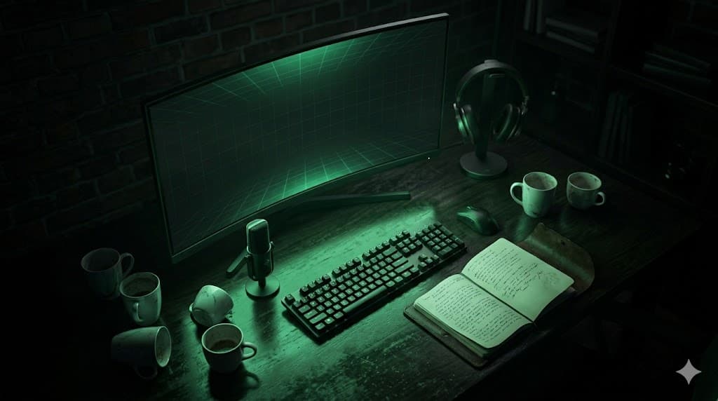Entstehung einer KI-Diktiersoftware – naechtlicher Arbeitsplatz mit gruener Bildschirmbeleuchtung